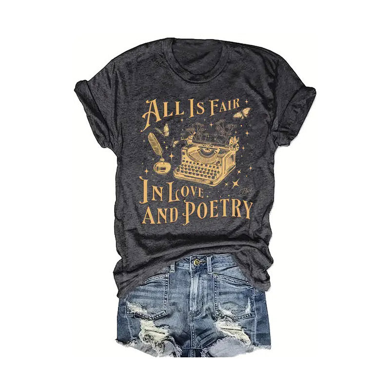 Women's Vintage Typewriter Print Round Neck T-Shirt Casual Short Sleeve Summer Top
