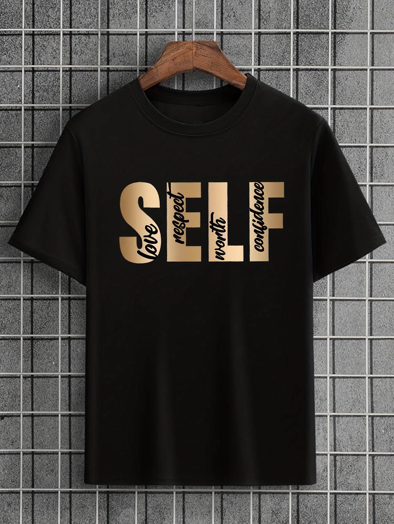 SELF Print, Men's Flat Design Round Neck Activity T-shirt, Summer Casual And Comfortable T-shirt, Men's Top Suitable For Daily Gym Exercise And Running