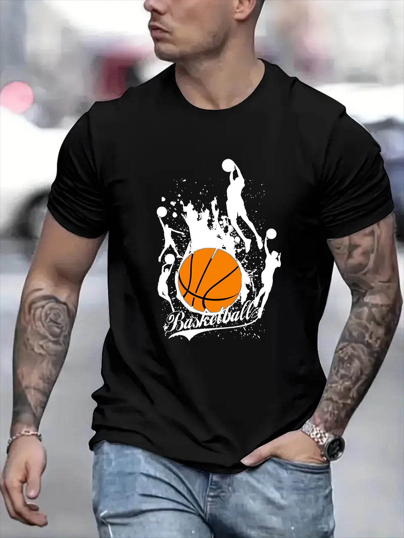 Men's Basketball Pattern Printed Short Sleeved T-shirt, Casual Round Neck T-shirt, Summer Outdoor Men's Clothing
