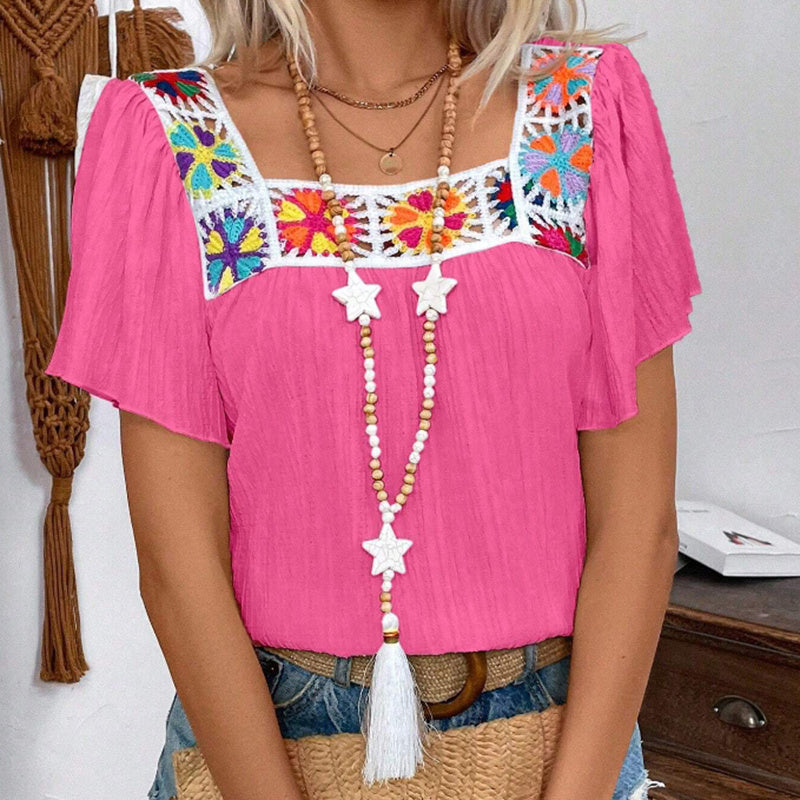 Women's Elegant Square Neck Crochet-Trimmed Geometric Floral Print Short Sleeve Shirt Spring Summer Casual Top