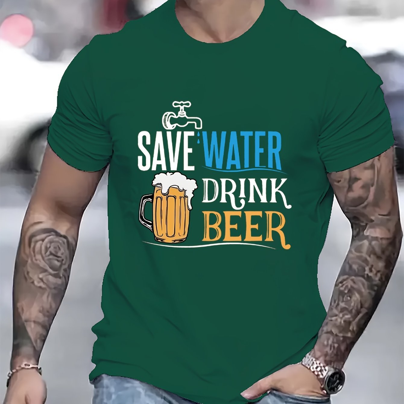 Cherish Water Resources And Drink More Beer. Men's Creative Printed Casual Novel T-shirt, Summer Spring Short Sleeved Top, Comfortable Fit, Fashionable Street Style Round Neck T-shirt, Suitable For Da