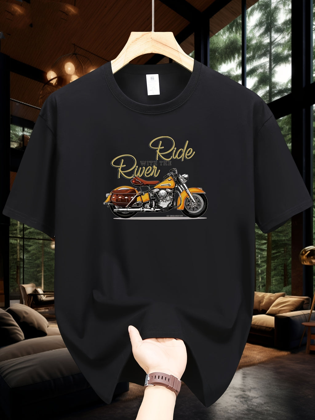 Men's Motorcycle Pattern Printed T-shirt, Short Sleeved Round Neck T-shirt, Summer Outdoor Men's Clothing