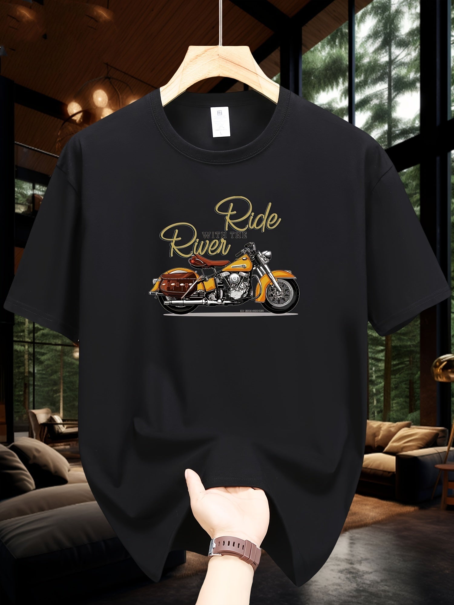 Men's Motorcycle Pattern Printed T-shirt, Short Sleeved Round Neck T-shirt, Summer Outdoor Men's Clothing