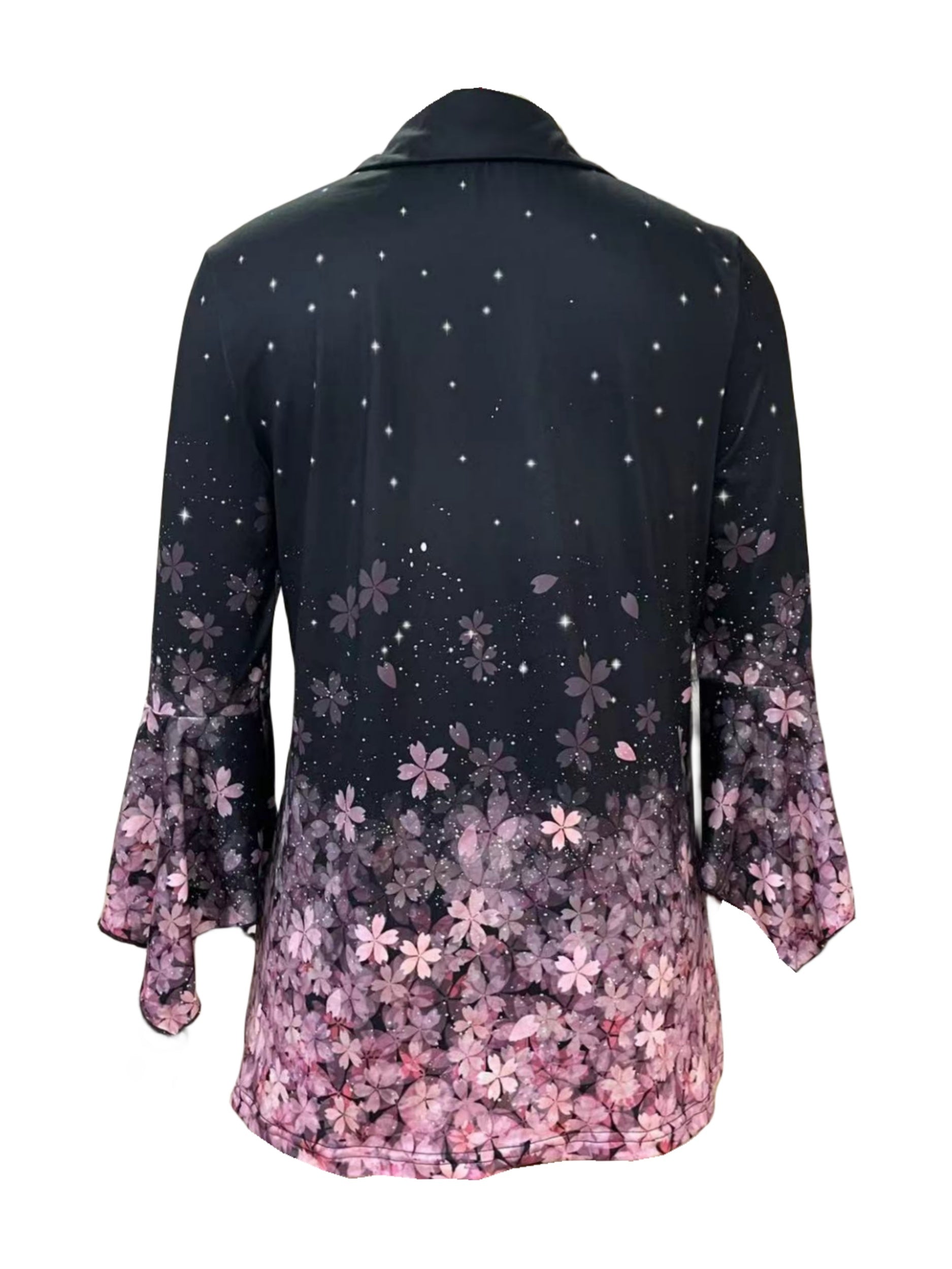 Spring And Autumn New Printed Lapel Three-quarter Sleeve T-shirt Irregular Cuff Button Top