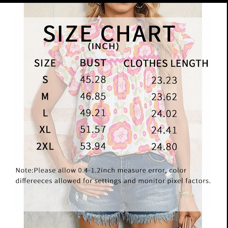 Women's V-Neck Floral Print Ruffle Sleeve Blouse, Casual Summer Short Sleeve Work Top