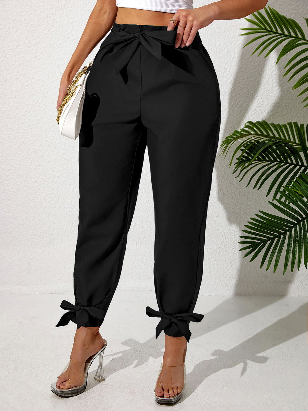 Solid Color Temperament Leg Tie Wooden Ear Trim Casual Women's Pants