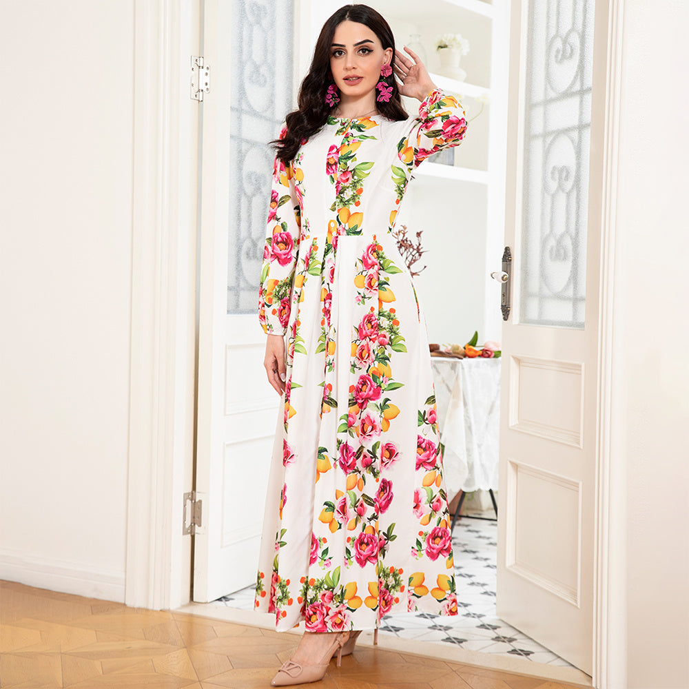 Elegant Style Round Neck Flowers Plant Buttons Puff Sleeve Long Dresses