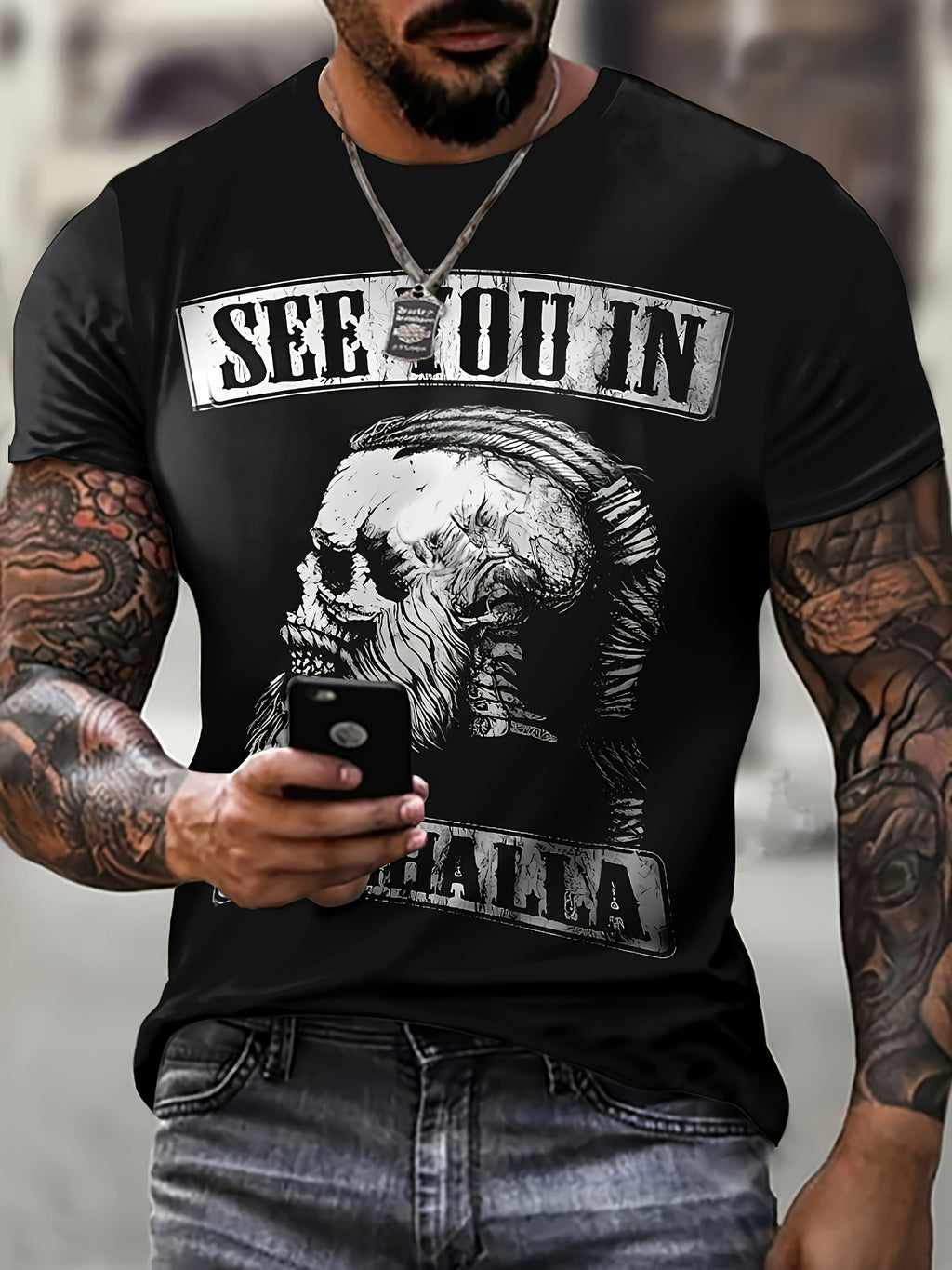 Skull And Alphanumeric Print Men's Cool Short Sleeved Round Neck T-shirt, Summer Outdoor