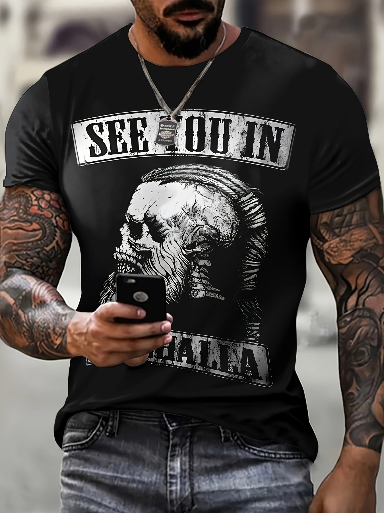 Skull And Alphanumeric Print Men's Cool Short Sleeved Round Neck T-shirt, Summer Outdoor