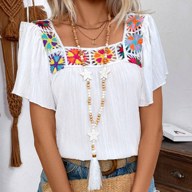 Women's Elegant Square Neck Crochet-Trimmed Geometric Floral Print Short Sleeve Shirt Spring Summer Casual Top