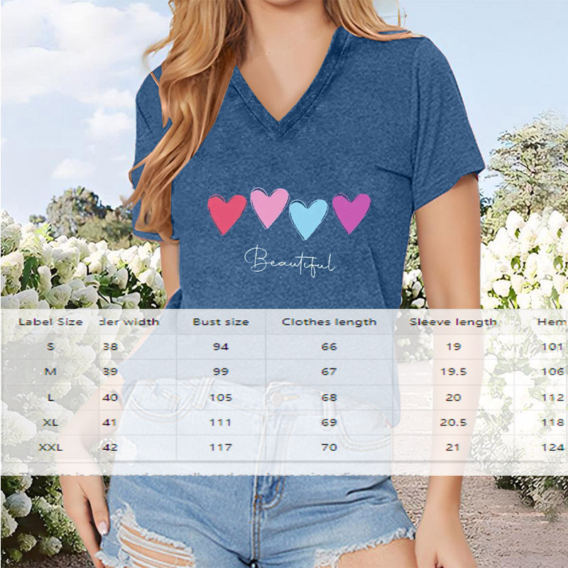 Women'S V Neck Short Sleeves Featuring Four Colorful Heart & Line Prints Casual Summer T-Shirt