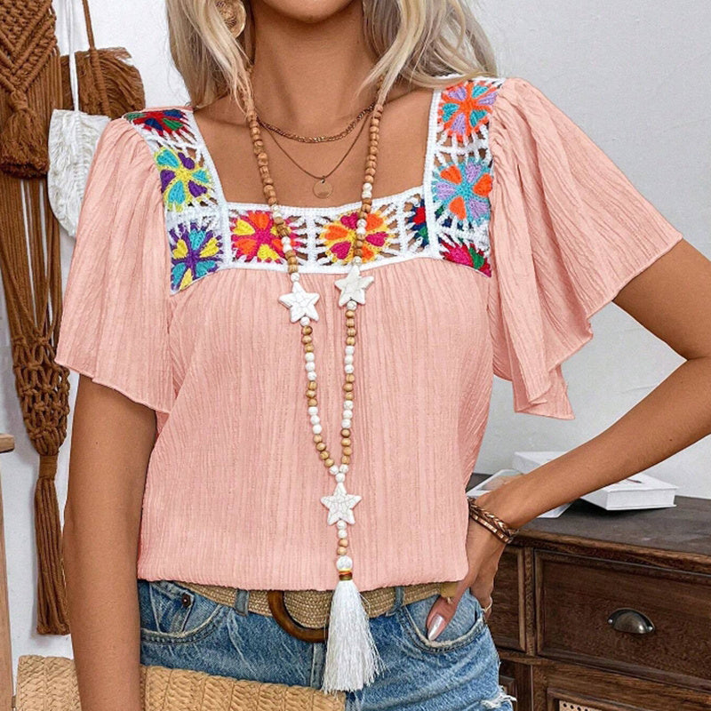 Women's Elegant Square Neck Crochet-Trimmed Geometric Floral Print Short Sleeve Shirt Spring Summer Casual Top