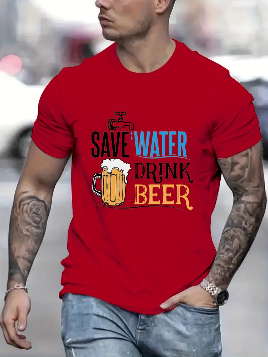 Cherish Water Resources And Drink More Beer. Men's Creative Printed Casual Novel T-shirt, Summer Spring Short Sleeved Top, Comfortable Fit, Fashionable Street Style Round Neck T-shirt, Suitable For Da