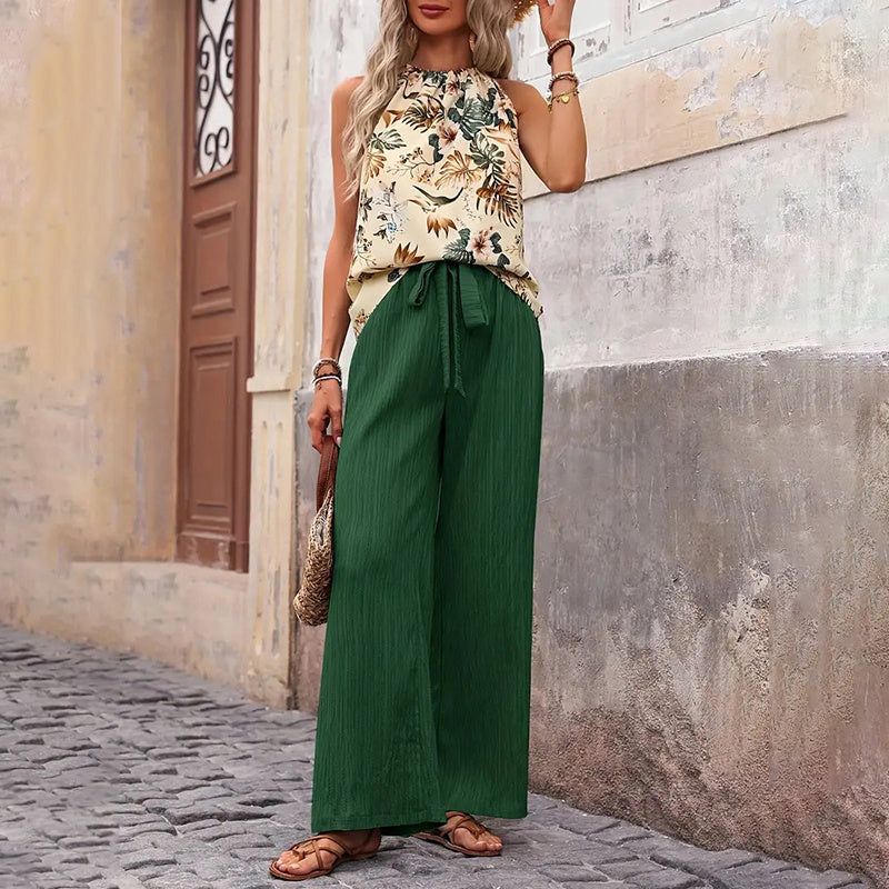Women's 2 Piece Outfits Summer Casual Sleeveless Halter Neck Crop Tops Wide Leg Pants Set