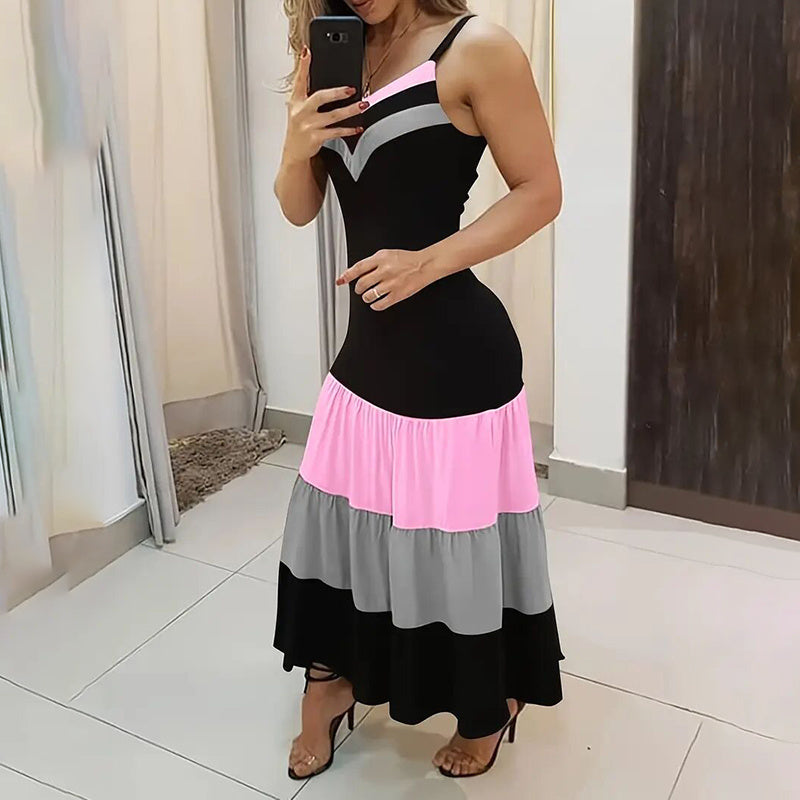 Women's Summer Casual Sleeveless V Neck Color Block Spaghetti Strap Maxi Long Dress