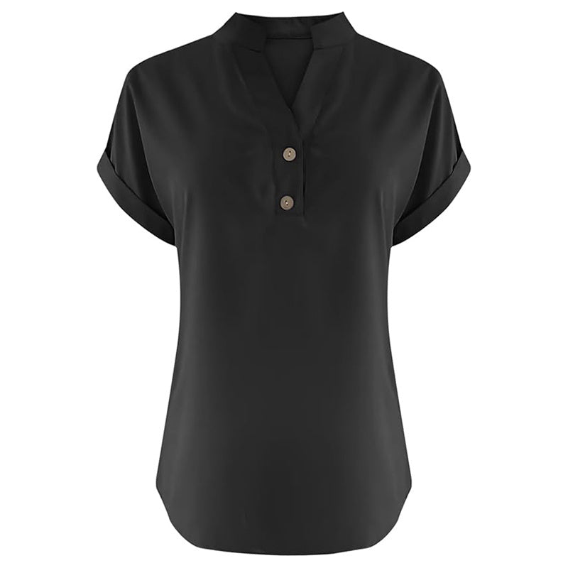 Women's Solid Color V-Neck Short Sleeve Blouse Button Detail, Summer Casual & Work T-Shirt