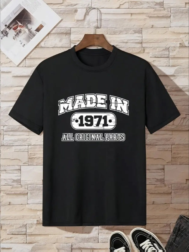 Made In 1971 Boys' Casual T-Shirt -  Machine Washable, Round Neck, Geometric Pattern - Perfect For Spring Summer