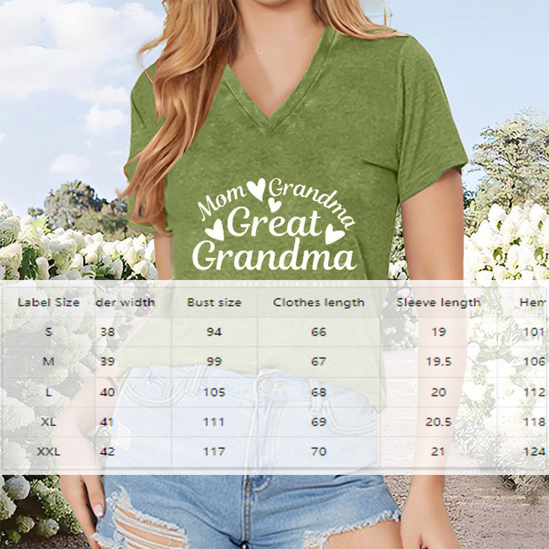 Women's V-Neck T-Shirt 'Mom Grandma Great-Grandma' Letter Print Casual Summer Top