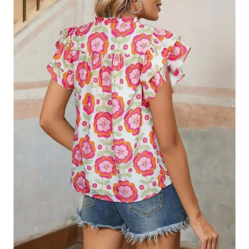 Women's V-Neck Floral Print Ruffle Sleeve Blouse, Casual Summer Short Sleeve Work Top