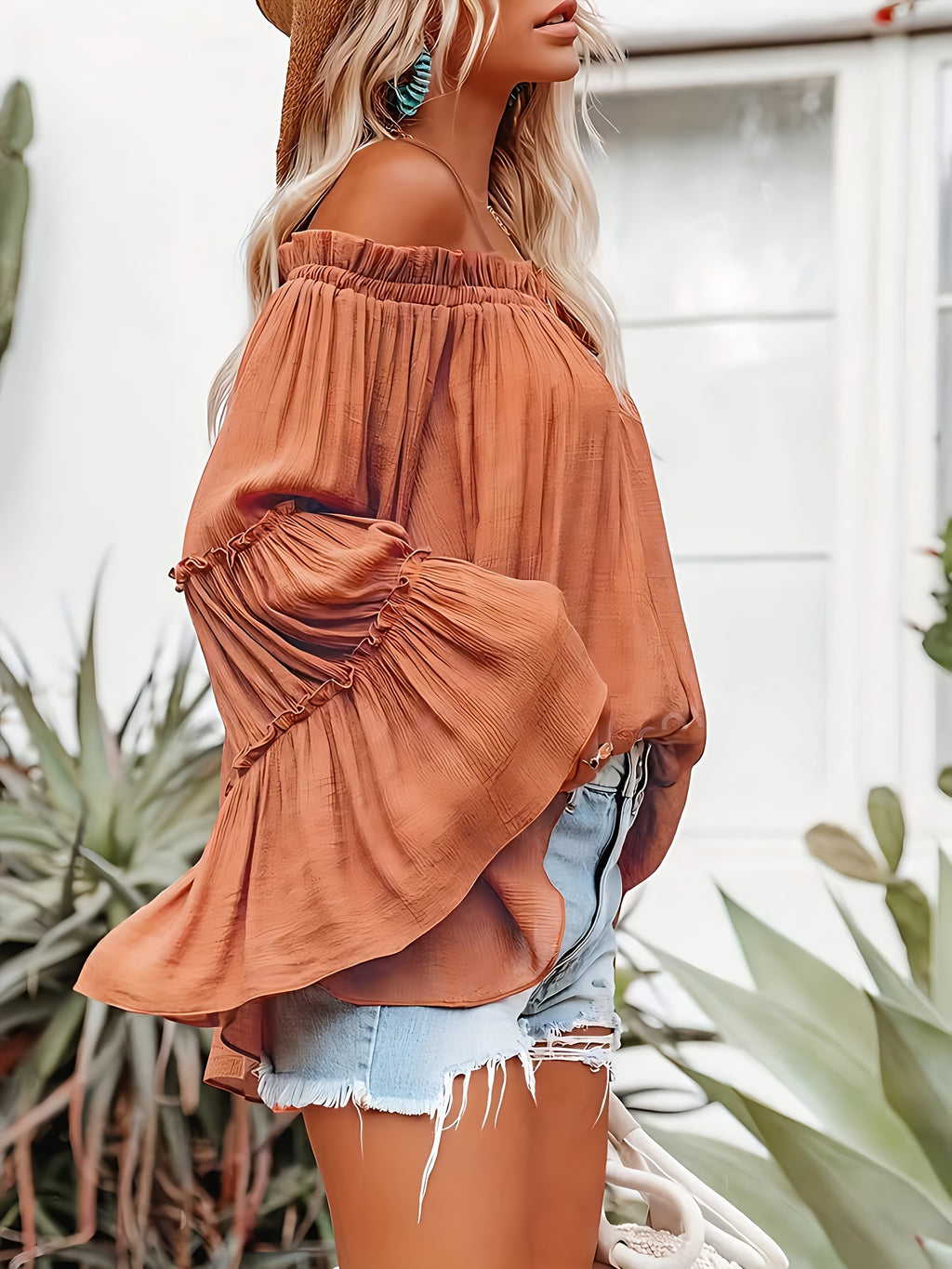 Women'S One Shoulder Elegant And Fashionable Solid Color Off Shoulder Flared Sleeve Shirt For Vacation And Casual Wear