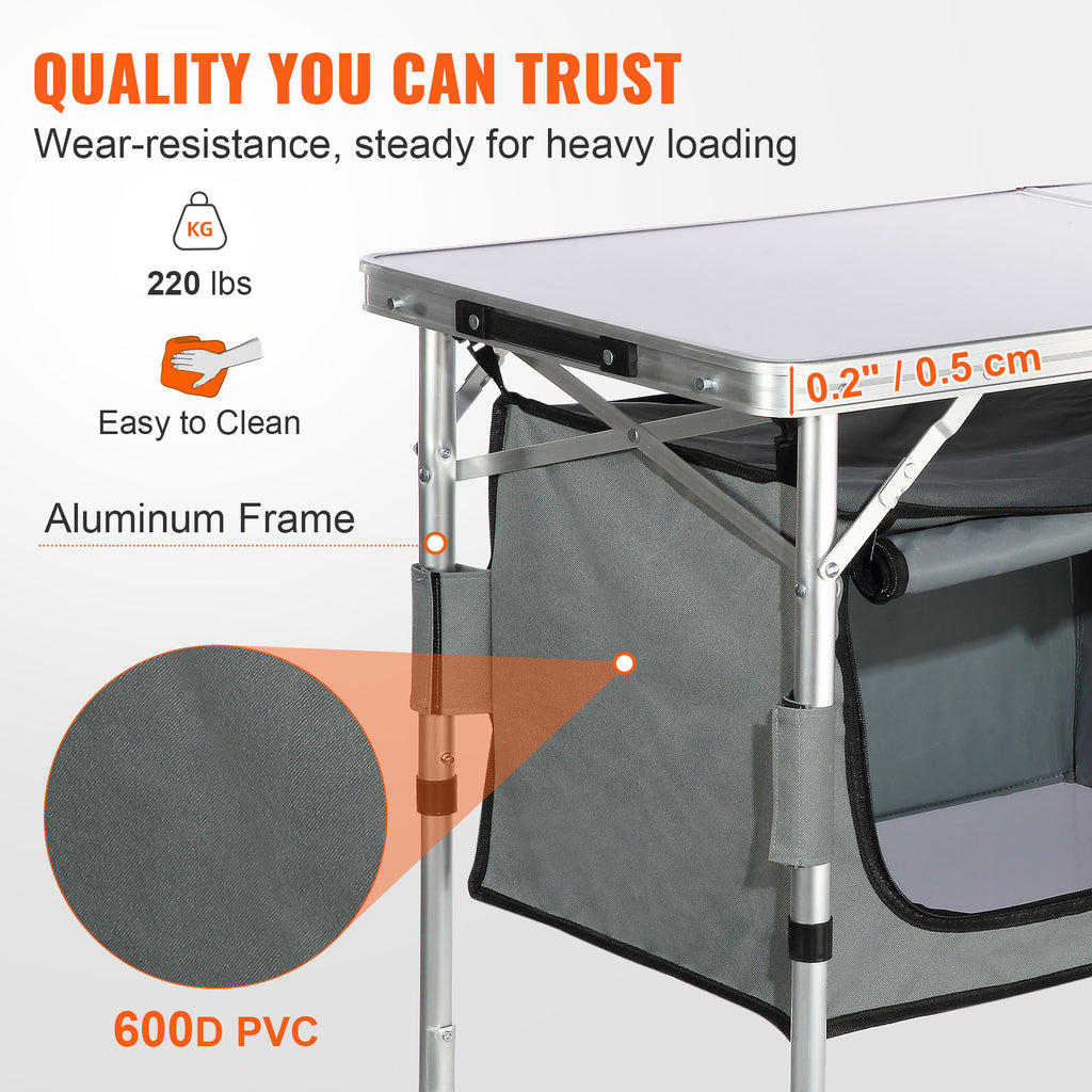 Folding Camping Kitchen Table - Adjustable Height MDF Table for Outdoor Picnics  BBQs
