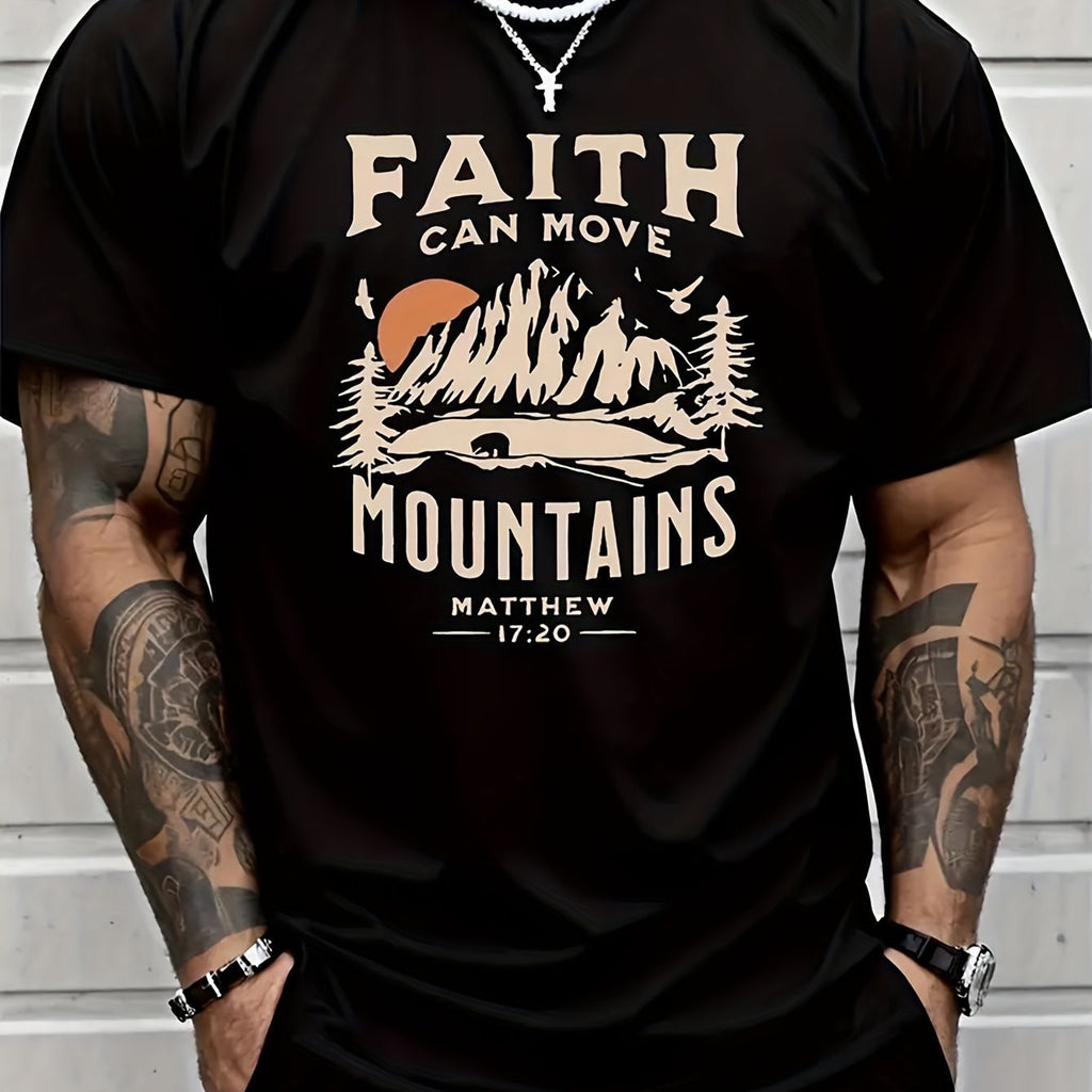 FAITH CAN MOVE MOUNDAINS Men's Round Neck Short Sleeve T-shirt With Letter Printing, Casual Summer T-shirt