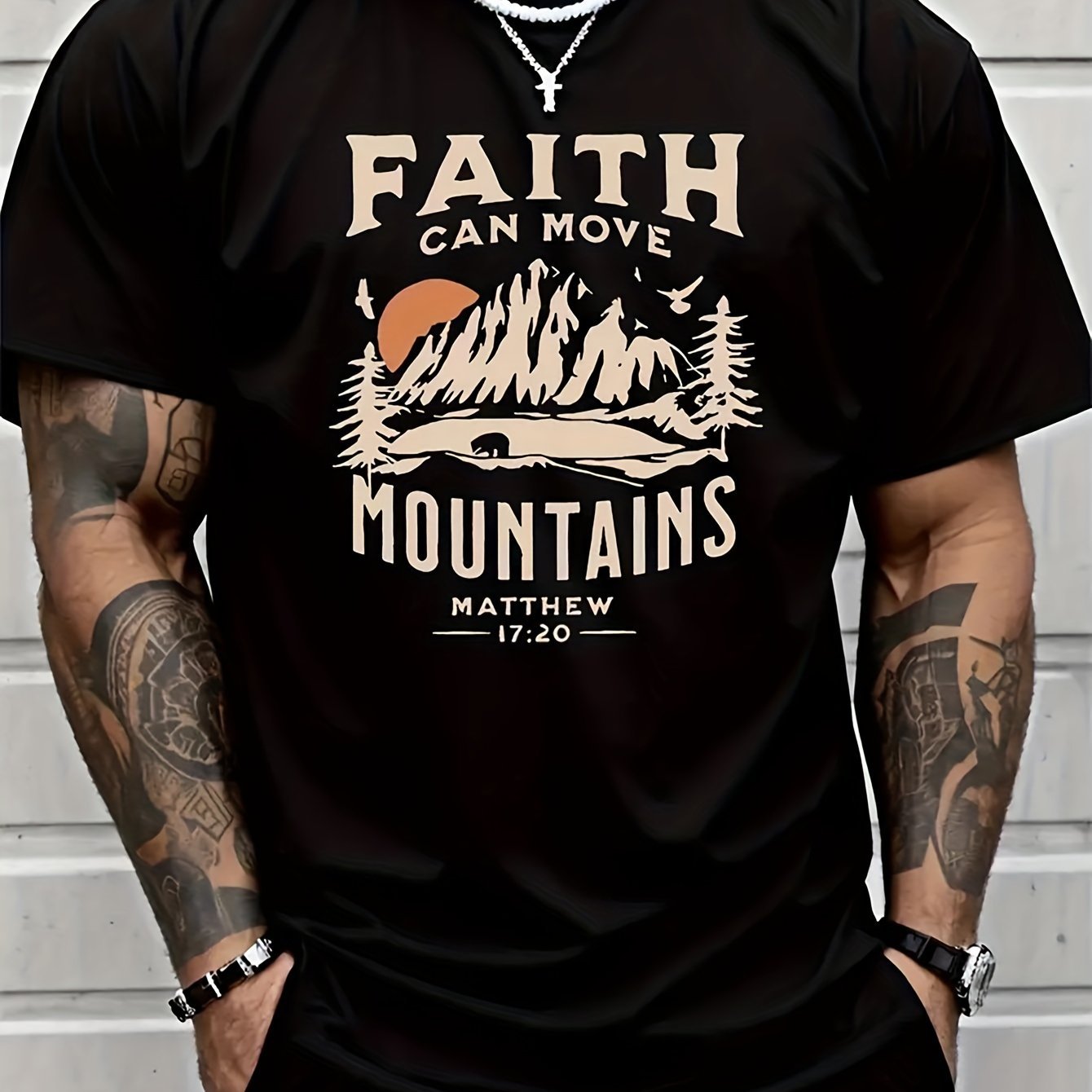 FAITH CAN MOVE MOUNDAINS Men's Round Neck Short Sleeve T-shirt With Letter Printing, Casual Summer T-shirt