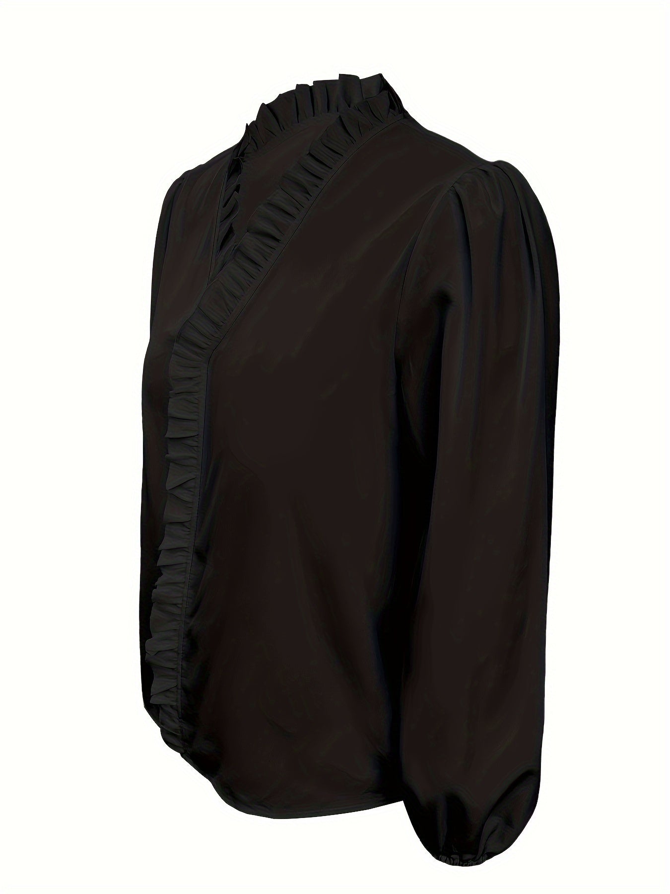 Pure Color Ruffle Hemline Shirt, Casual V-neck Long Sleeve Shirt.