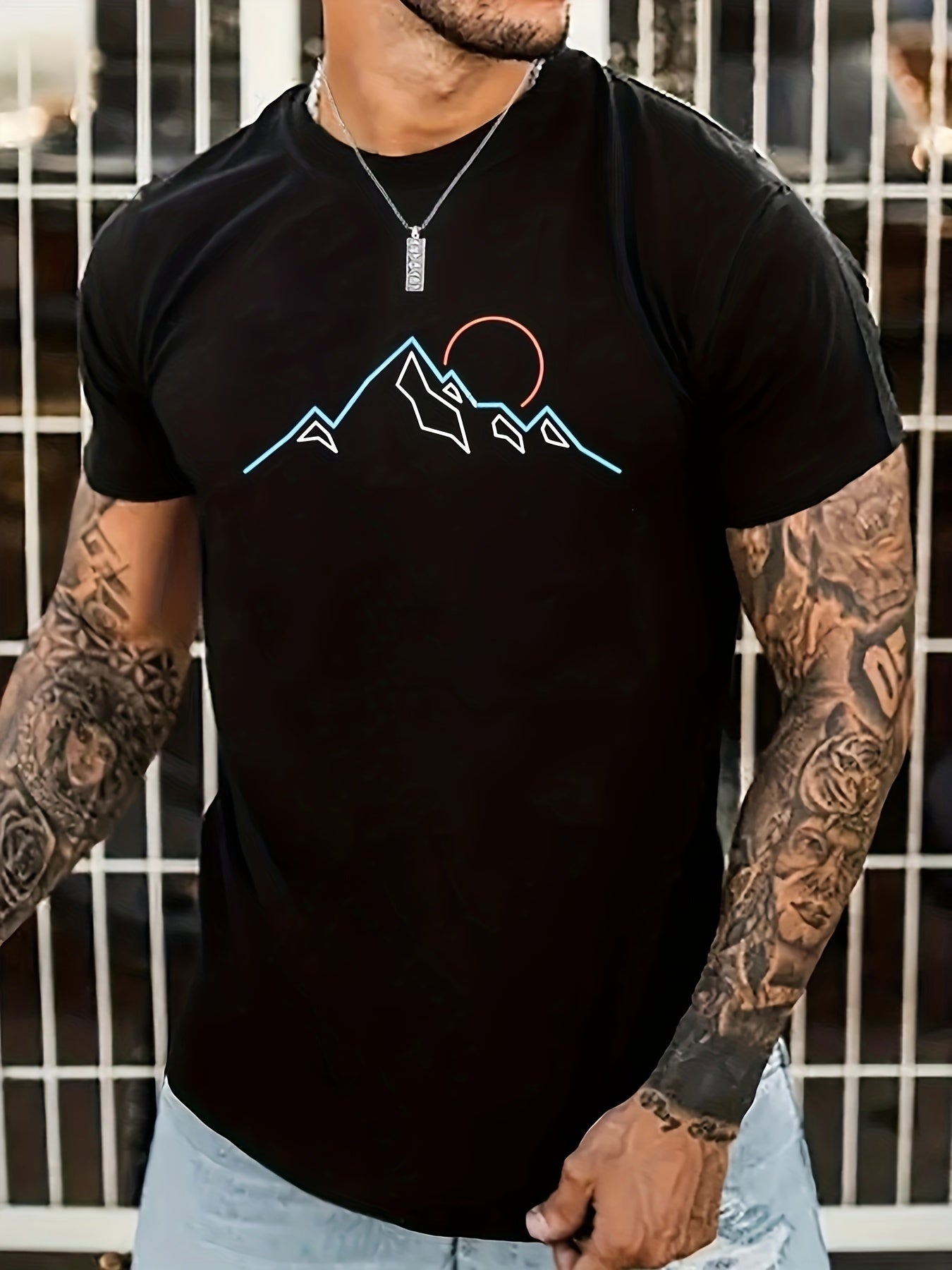 Mountain Graphic Men's Short Sleeve T-shirt, Comfortable Stretch Summer Fashion T-shirt, Casual Daily Style Fashion Clothing