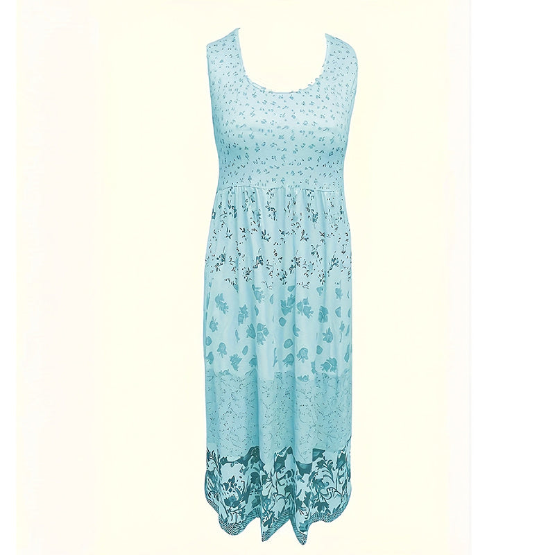 Women's Bohemian Floral Sleeveless Midi Dress Round Neck A-Line Summer Dress For Casual Or Dressy Occasions