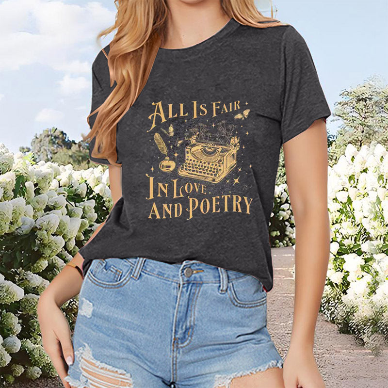 Women's Vintage Typewriter Print Round Neck T-Shirt Casual Short Sleeve Summer Top
