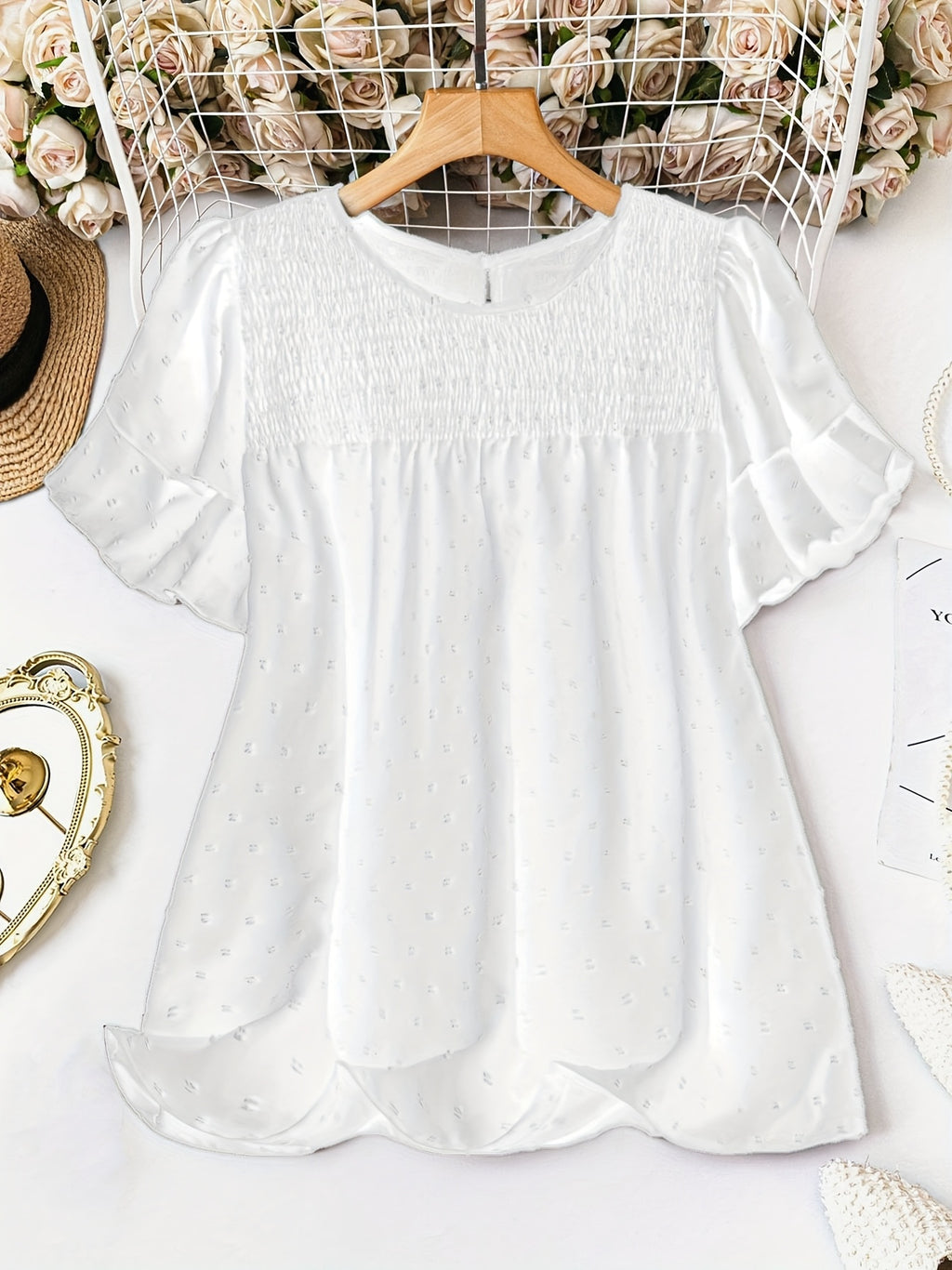Women's Plus Size Swiss Polka Dot Shirt Summer Round Neck Short Sleeved Outdoor Casual Blouse Top