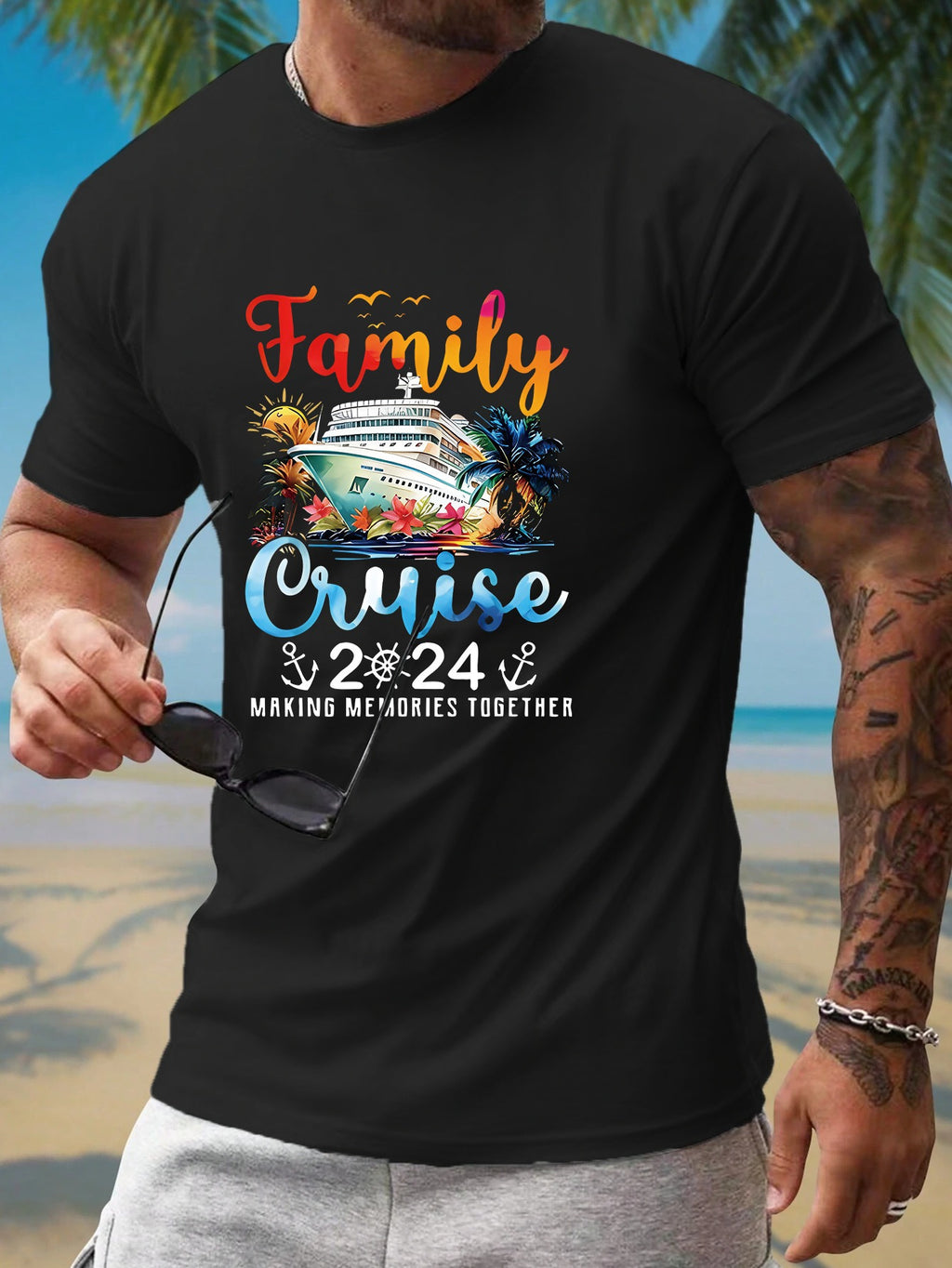 Color Travel Elements And Ship Print Men's T-shirt, Summer Casual Short Sleeved T-shirt