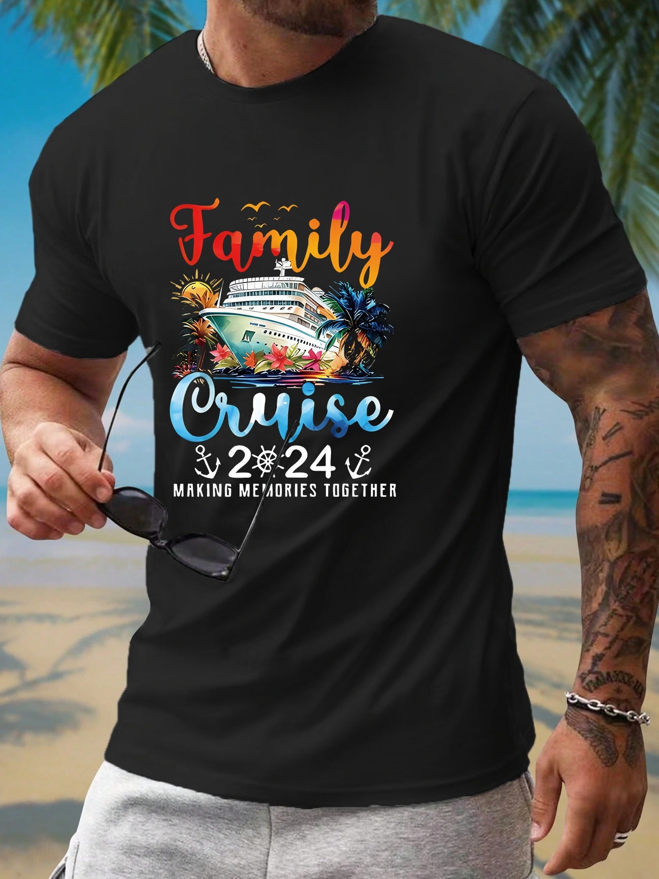 Color Travel Elements And Ship Print Men's T-shirt, Summer Casual Short Sleeved T-shirt