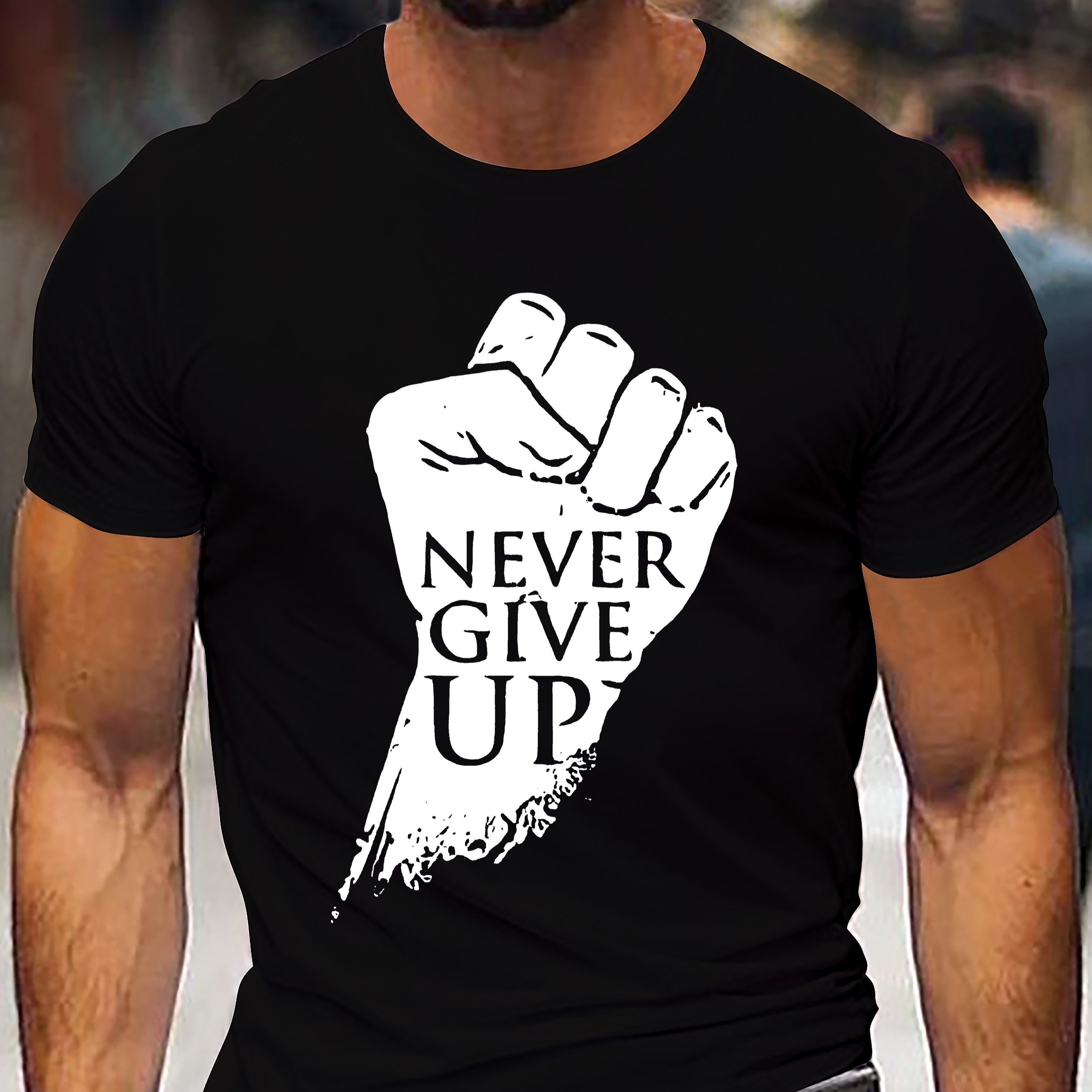 Fist Never Give Up Pattern Men's Short Sleeve T-shirt, Comfortable Elastic Summer Fashion T-shirt, Casual Daily Style Fashion Clothing