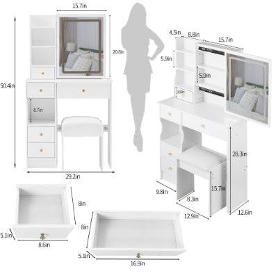29.2 Small Size Left Drawer Desktop Vanity Table  Cushioned Stool, Large Sliding, Touch Control, Tri-color Switching, Brightness Adjust LED Mirror, High Capacity Storage, Suitable For Small Space