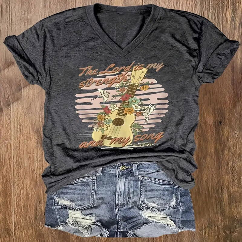 Women's Guitar & Letter Print Short Sleeve T-Shirt Casual V Neck Summer Top