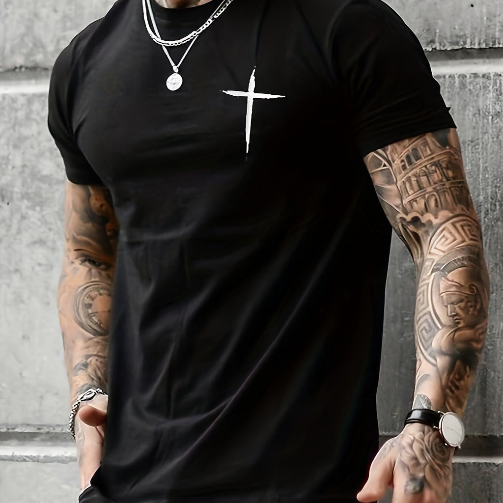 Men's Cross Print Pattern T-shirt - Comfortable Summer Wear Suitable For Casual And Nightwear