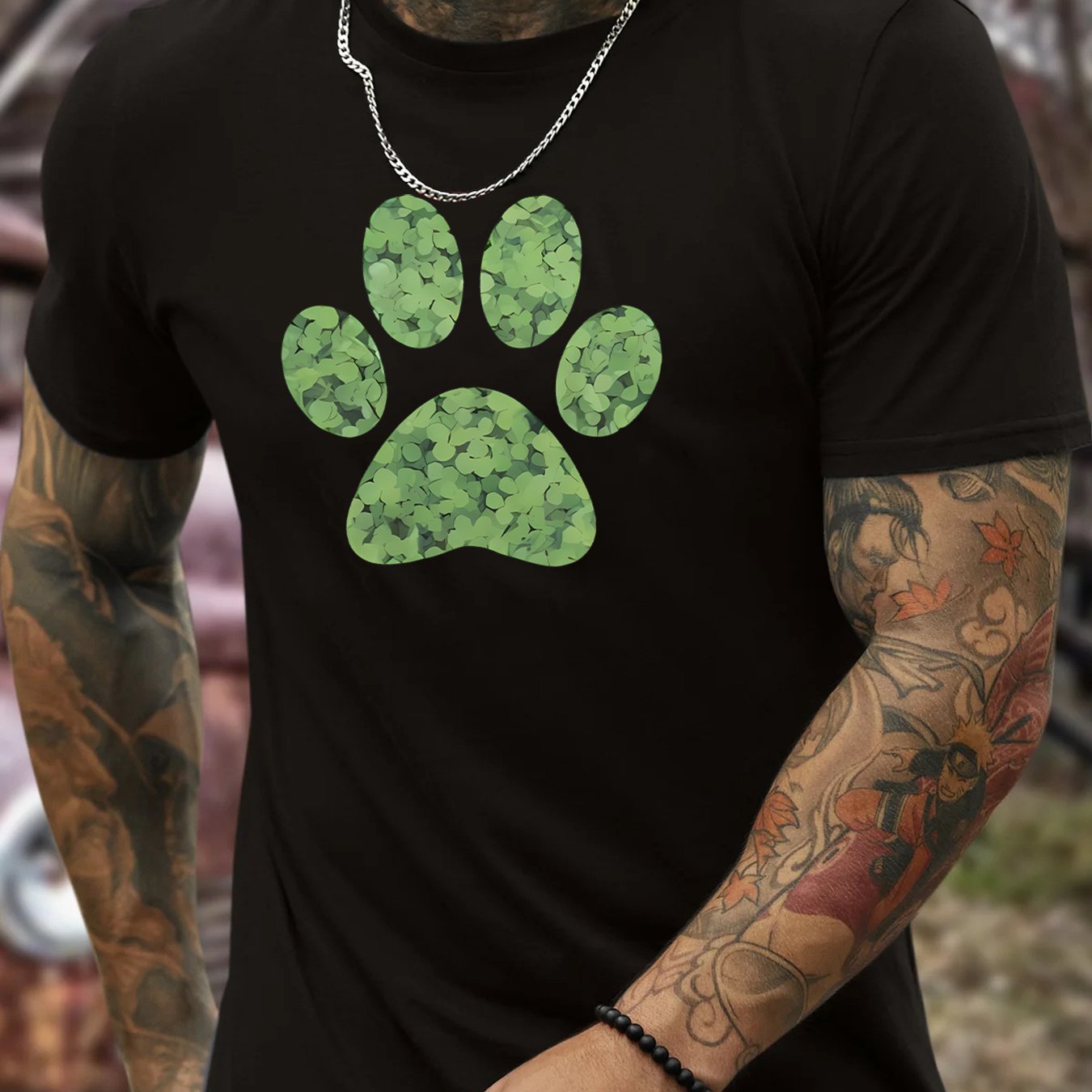 Men's T-shirt, Summer Clover Pet Paw Print Short Sleeved Round Neck T-shirt, Men's Casual Outdoor Comfortable Clothing