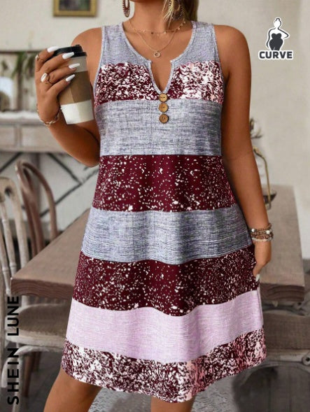 Plus-size Striped Tank Top Sleeveless Skirt Print