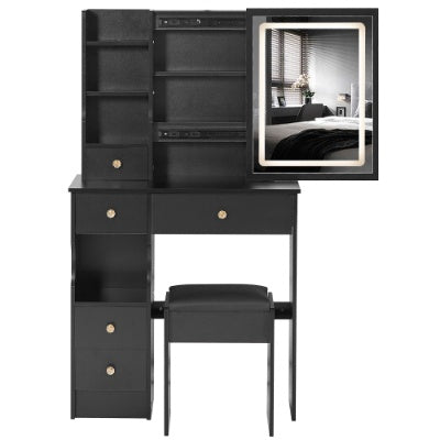 29.2 Small Size Left Drawer Desktop Vanity Table  Cushioned Stool, Large Sliding, Touch Control, Tri-color Switching, Brightness Adjust LED Mirror, High Capacity Storage, Suitable For Small Space