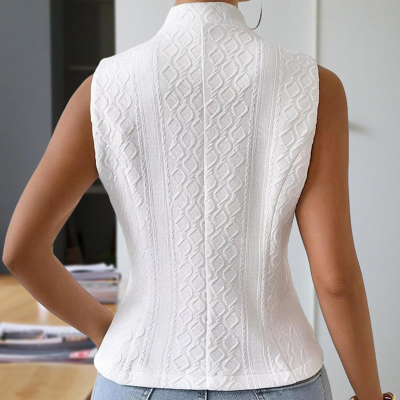 Women's Elegant Solid Color Stand Collar Sleeveless Vest - Ribbed & Button Detail Summer Casual Outerwear