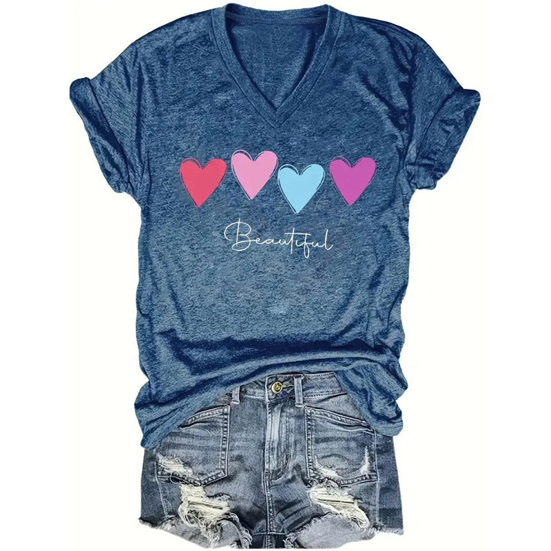 Women'S V Neck Short Sleeves Featuring Four Colorful Heart & Line Prints Casual Summer T-Shirt