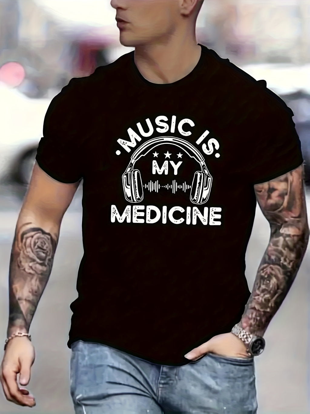 Music Is Good Medicine, Letter Printed Men's Short Sleeved Round Neck Plus Size T-shirt, Summer Fashionable Round Neck Short Sleeved Top