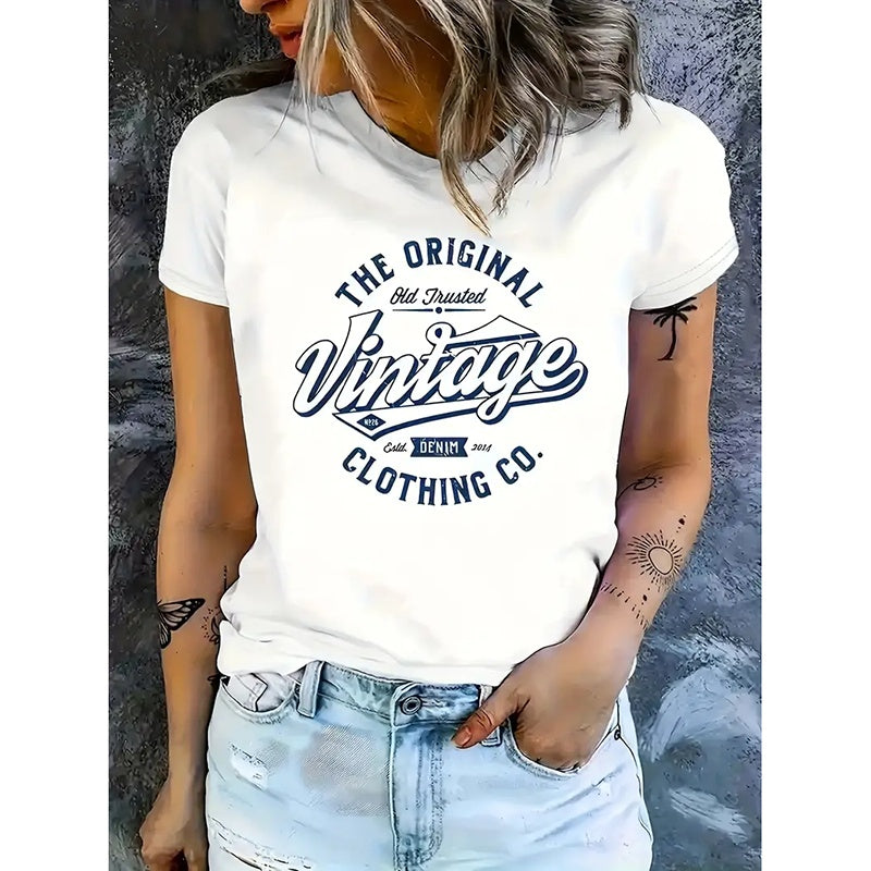 Women's Graphic Letter Tee Crew Neck Trendy Summer T Shirt Short Sleeve Vintage Print Top
