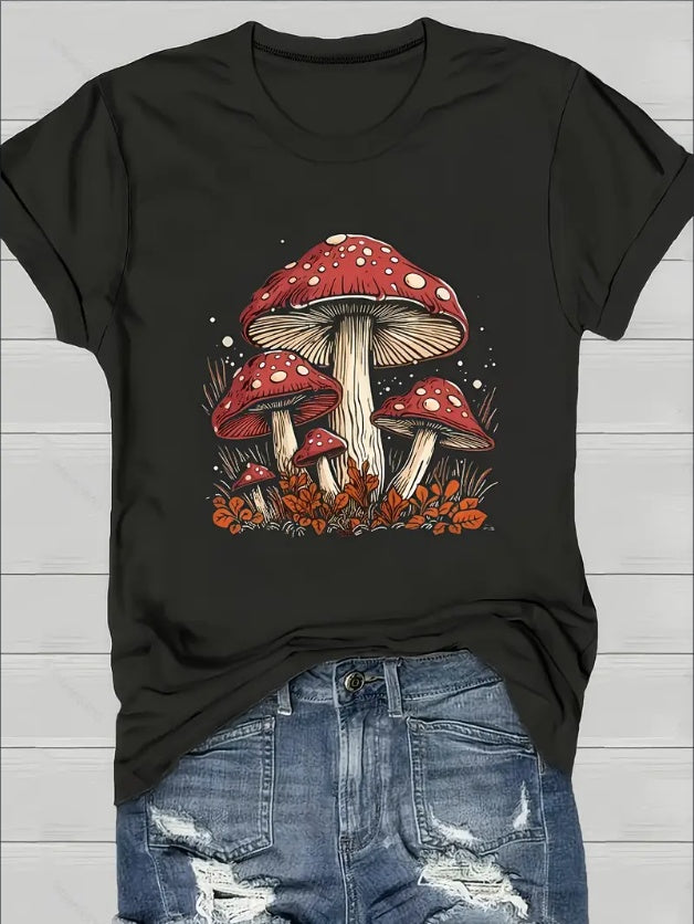 Short Sleeve Mushroom Print Crew Neck T-Shirt For Spring & Summer, Women's Casual Clothing