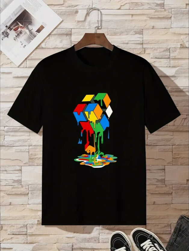 KUQIQIBOY Teen Colorful Cube Graphic T-Shirt, Casual Crew Neck  Geometric Pattern Summer Top For Youth