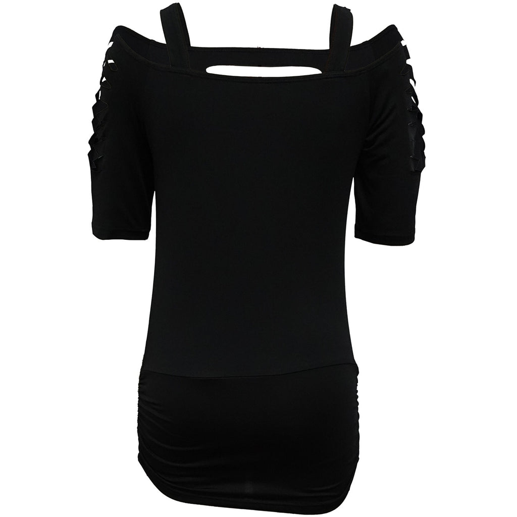 Ladies' Solid Color Lace Up Sleeve Shirt With Hollowed Out Square Collar Casual Shirt, Summer Rock T-shirt Top