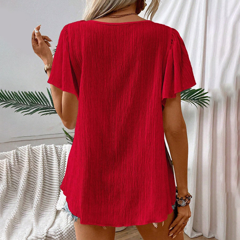Women's Elegant Square Neck Crochet-Trimmed Geometric Floral Print Short Sleeve Shirt Spring Summer Casual Top