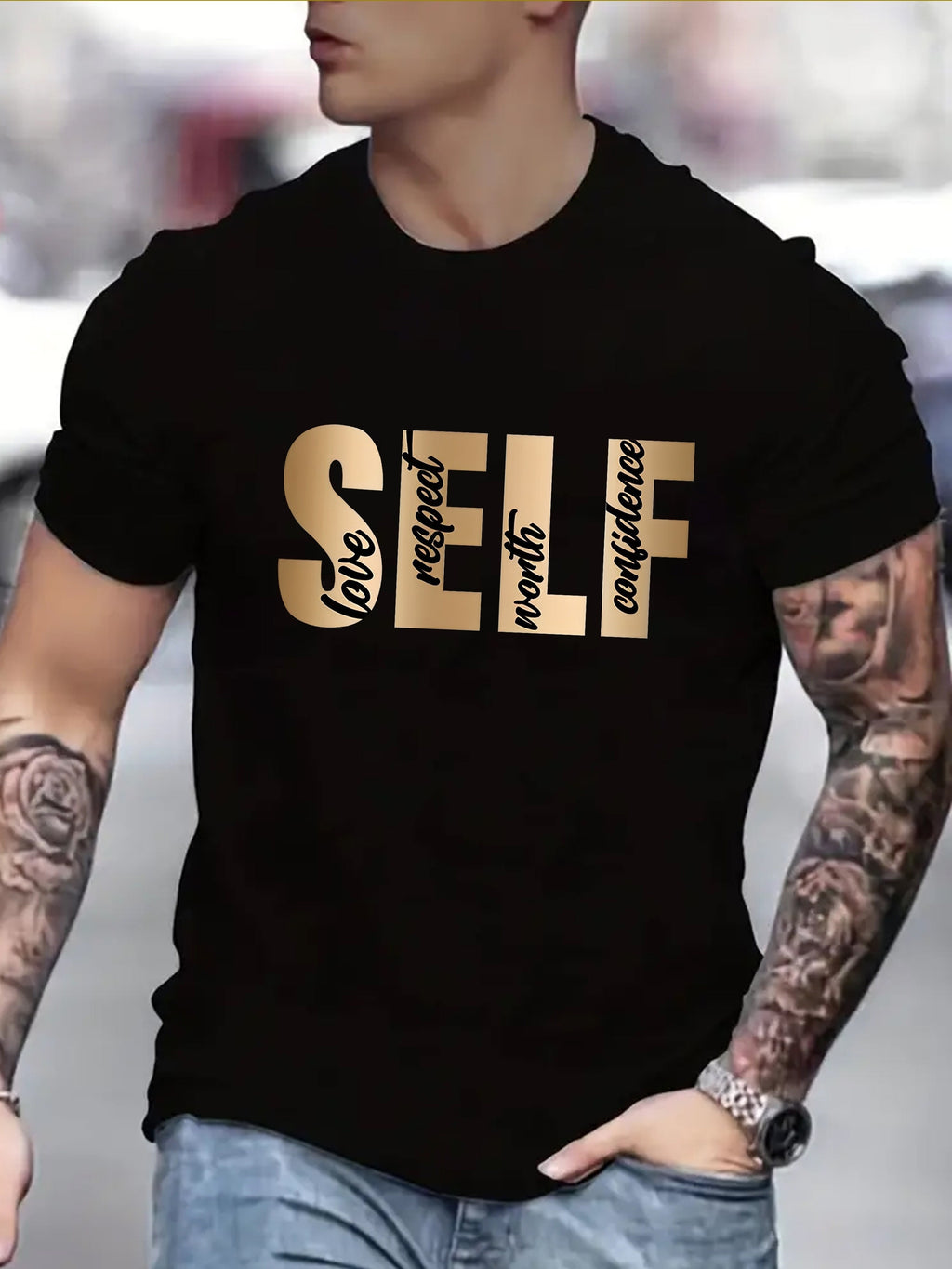 SELF Print, Men's Flat Design Round Neck Activity T-shirt, Summer Casual And Comfortable T-shirt, Men's Top Suitable For Daily Gym Exercise And Running